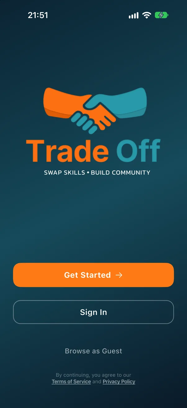 The TradeOff welcome screen with Get Started and Sign In buttons