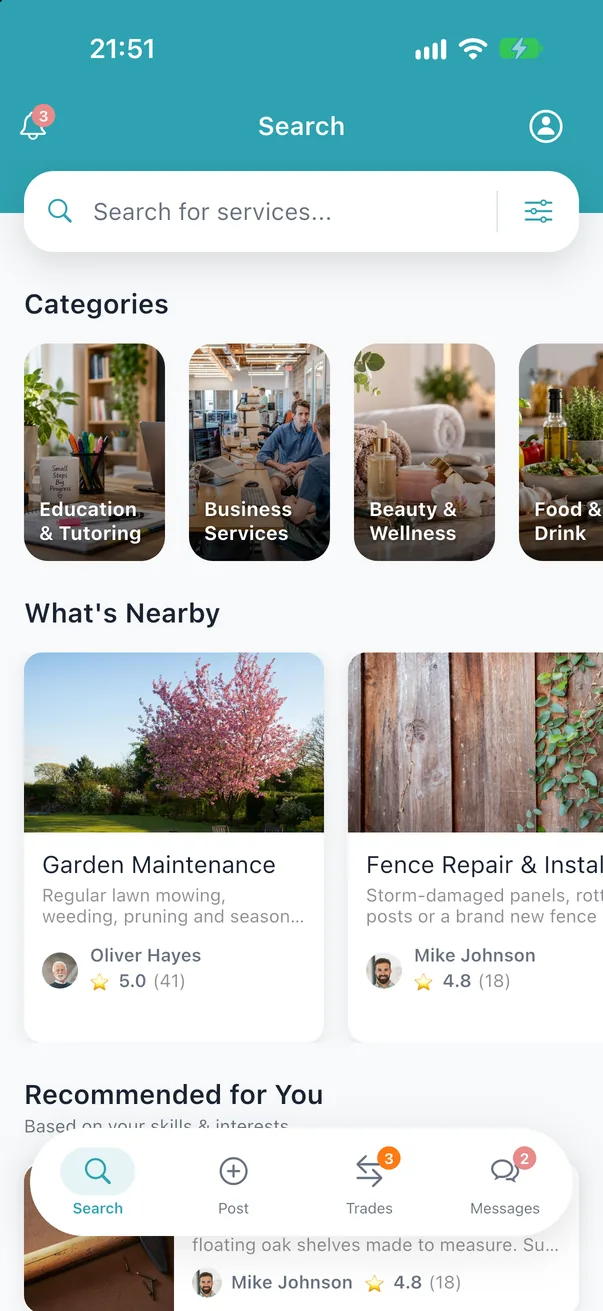 The TradeOff Search screen showing categories and services nearby in Cheltenham