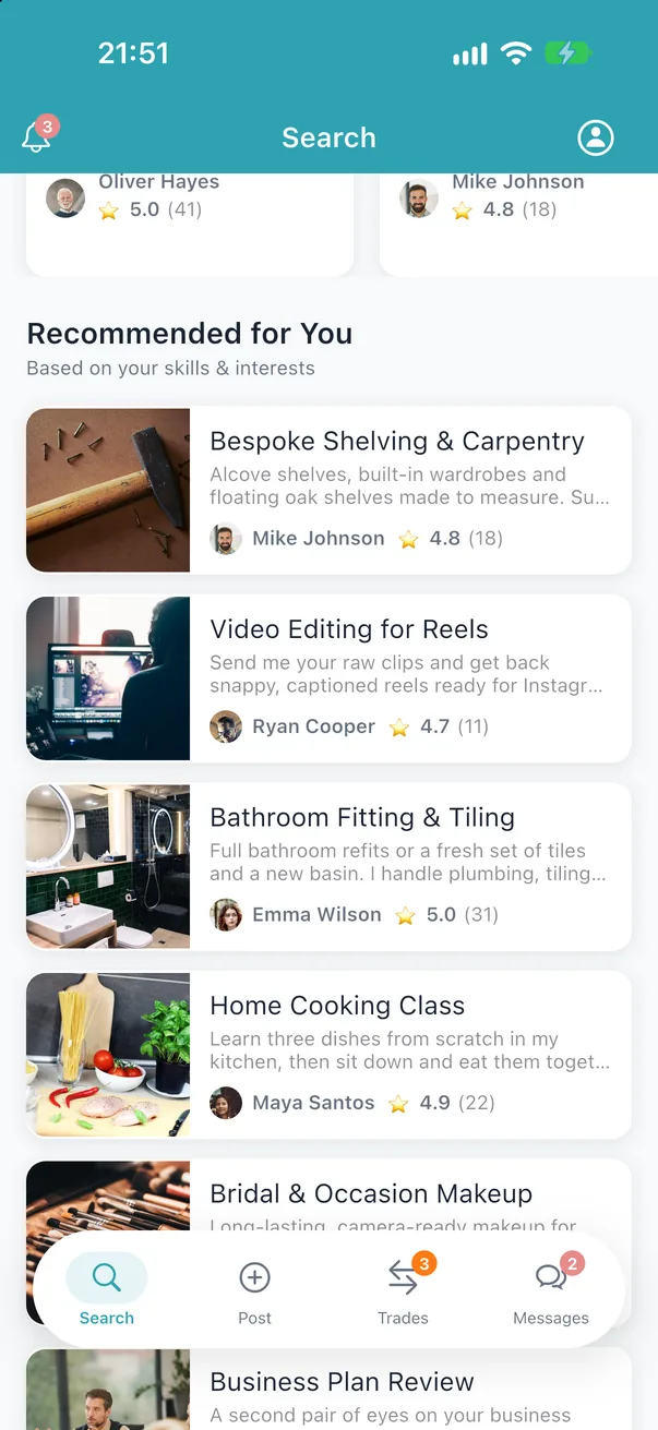 Recommended services with photos, ratings and the neighbours offering them
