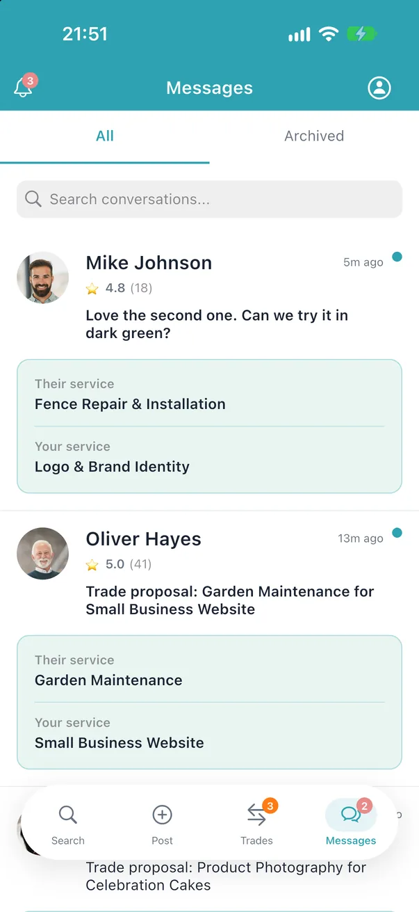 The Messages inbox with the services being traded in each chat