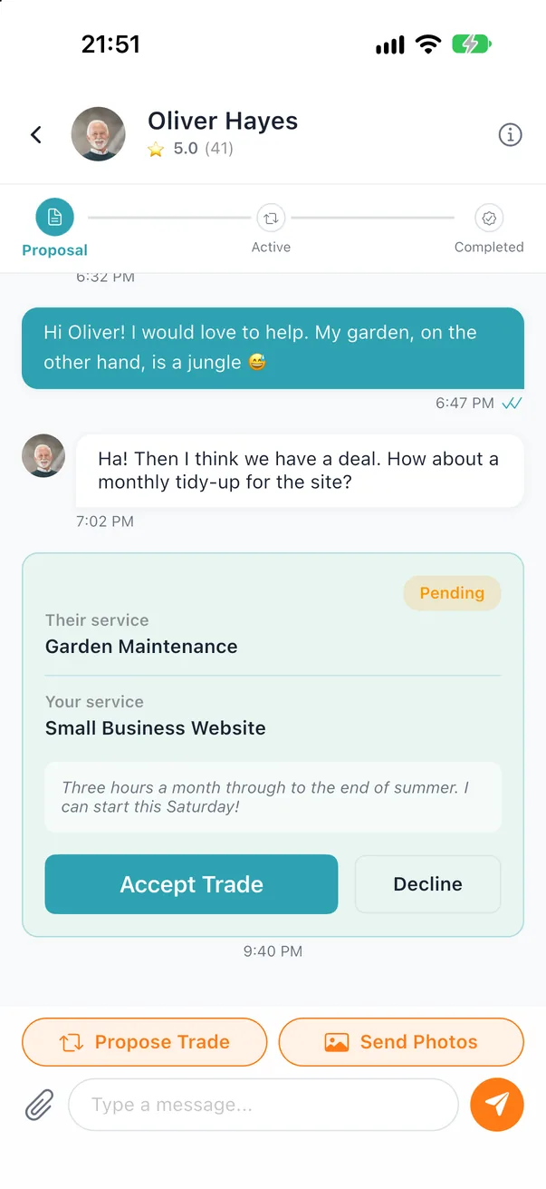 A TradeOff chat with a pending trade proposal: garden maintenance in exchange for a small business website