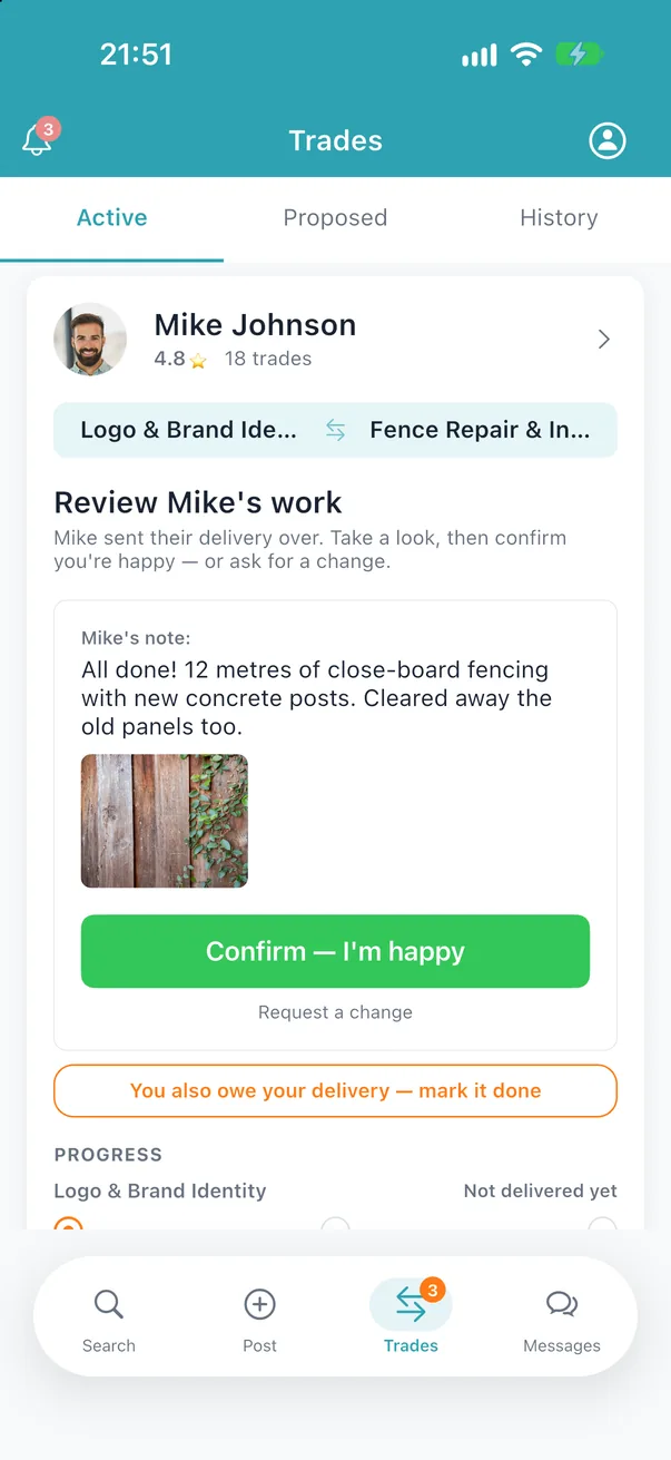 An active trade asking you to review the other member's delivered work