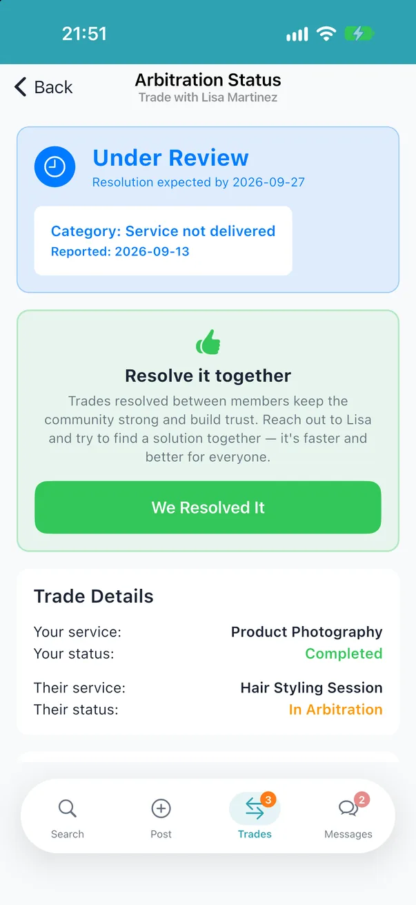 A dispute under review, with the expected resolution date and a prompt to resolve it together
